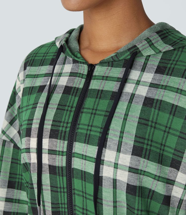 Hooded Drawstring Long Sleeve Zipper Side Pocket Plaid Casual Jogger Jumpsuit