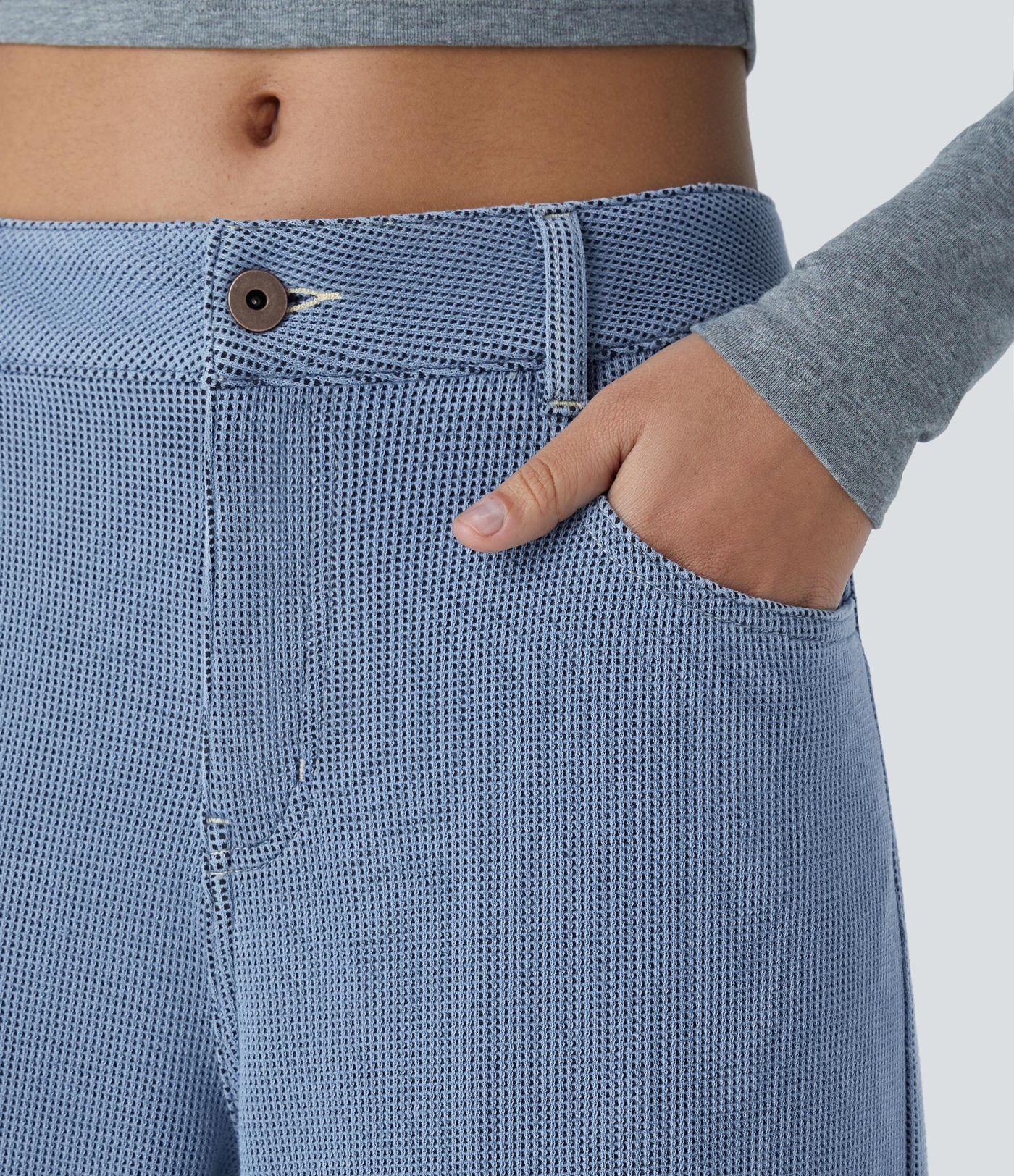 Halara Flex™ Low-Rise Jeans with button, zipper, multiple pockets, waffle texture, stretchy knit fabric, wide leg, casual jeans