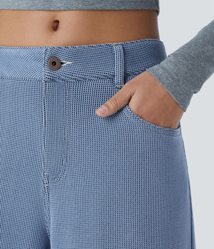 Halara Flex™ Low-Rise Jeans with button, zipper, multiple pockets, waffle texture, stretchy knit fabric, wide leg, casual jeans