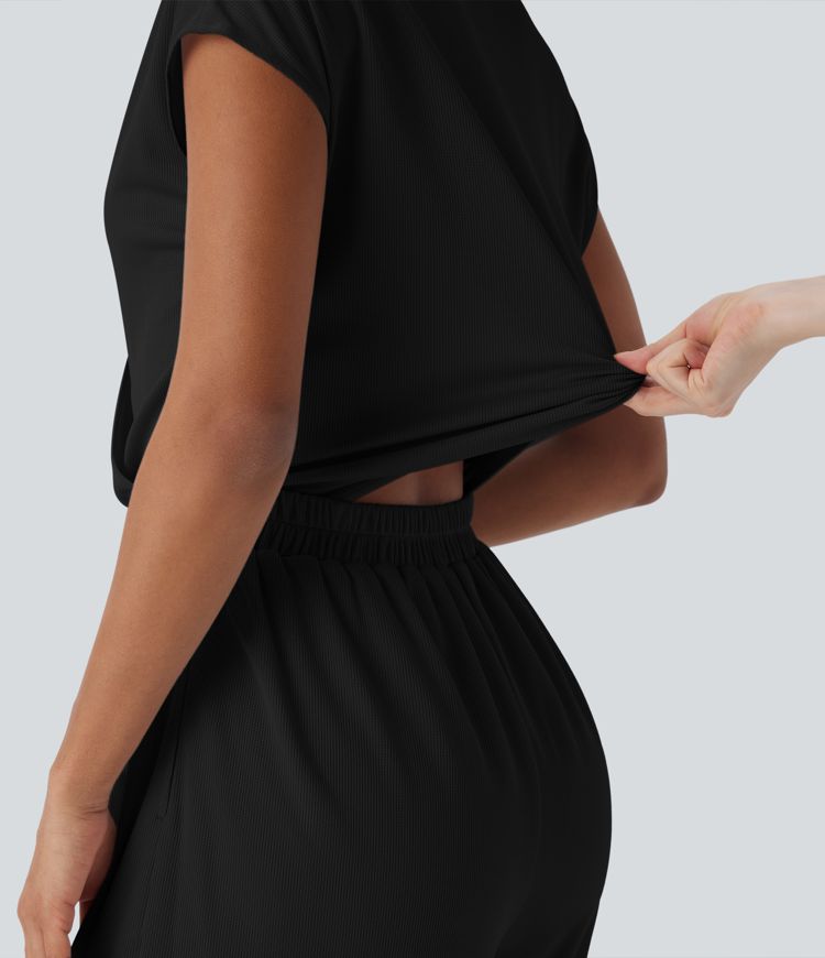 V Neck Short Sleeve Pocket Wide Leg Flowy Waffle Casual Jumpsuit-Easy Peezy Edition V Neck Short Sleeve Pocket Wide Leg Flowy Waffle Casual Jumpsuit-Easy Peezy Edition