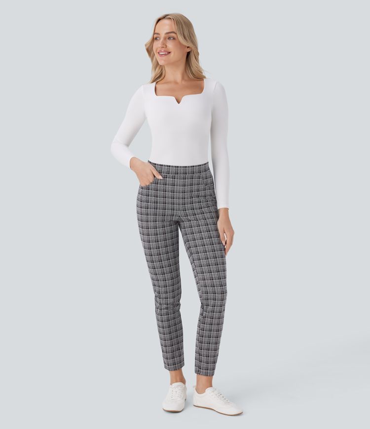 High Waisted Pockets Plaid Slim Work Pants