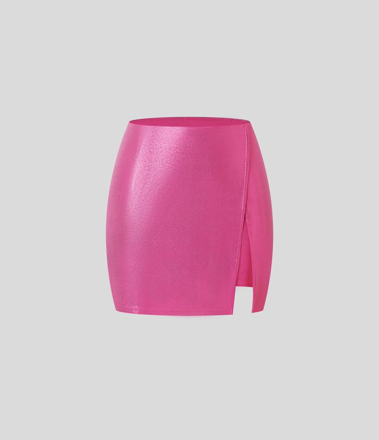Softlyzero™ Faux Leather High Waisted Split Hem 2-in-1 Side Pocket Metallic Foil Print Stretchy Bodycon Mini Party Skirt