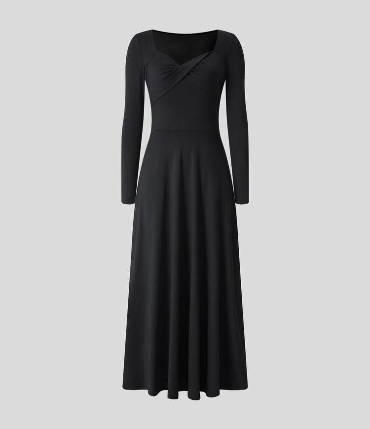 Sweetheart Neck Long Sleeve Pocket Flare Flowy Maxi Dress