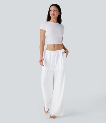 Low Rise Drawstring Pocket 2-in-1 Wide Leg Eyelet Embroidery Casual Pants