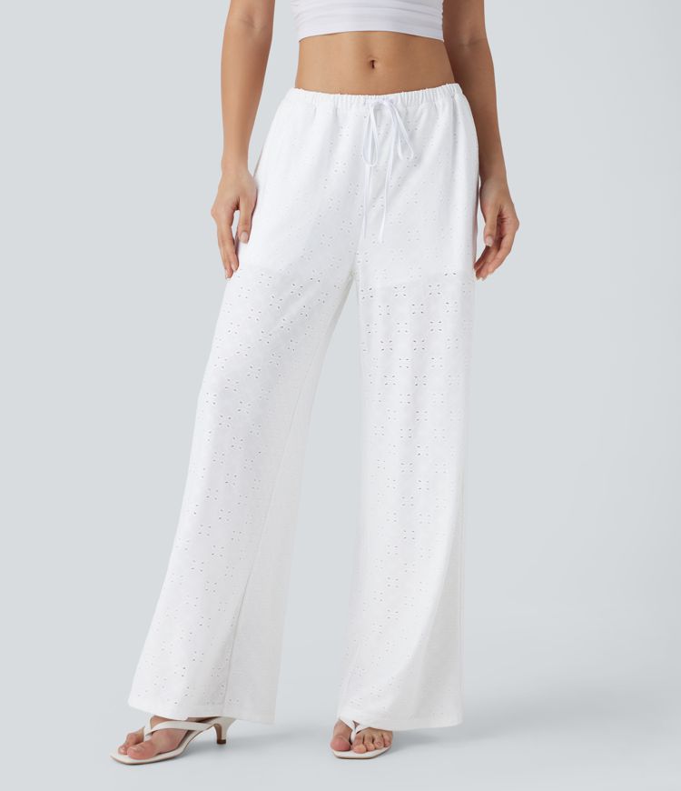 Low Rise Drawstring Pocket 2-in-1 Wide Leg Eyelet Embroidery Casual Pants