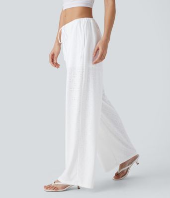 Low Rise Drawstring Pocket 2-in-1 Wide Leg Eyelet Embroidery Casual Pants