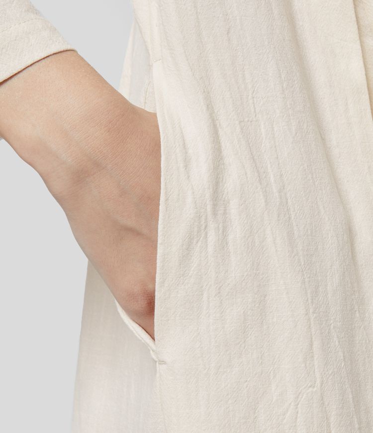 Midi Vestido sensación lino cuello redondo manga larga bolsillo lateral plisado sólido relajado