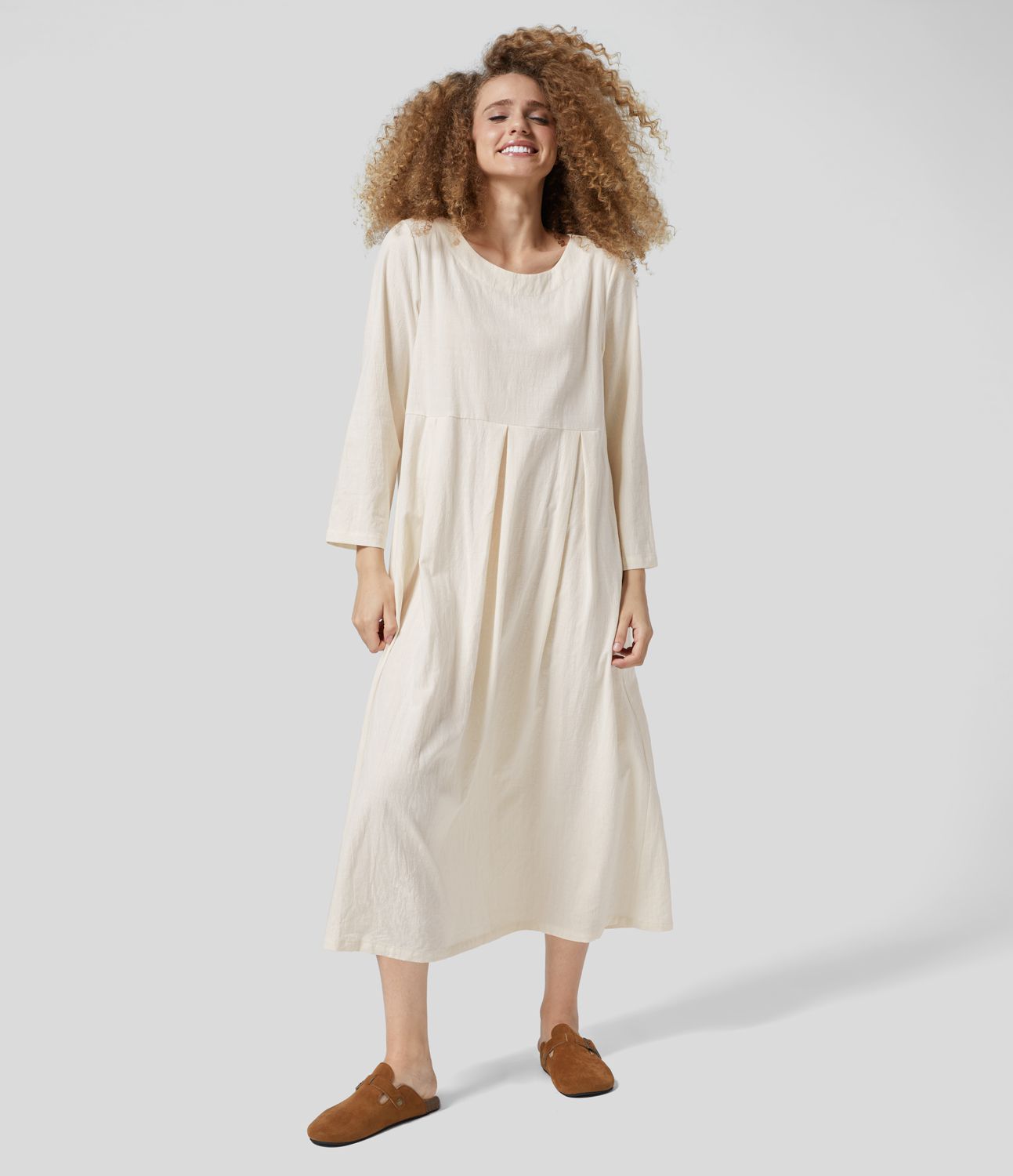 Midi Vestido sensación lino cuello redondo manga larga bolsillo lateral plisado sólido relajado