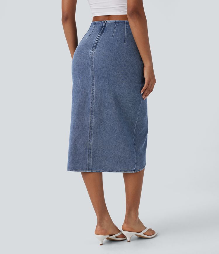 Halara Flex™ High Waisted Back Zipper Ruched Tulip Hem Midi Washed Stretchy Knit Denim Casual Skirt