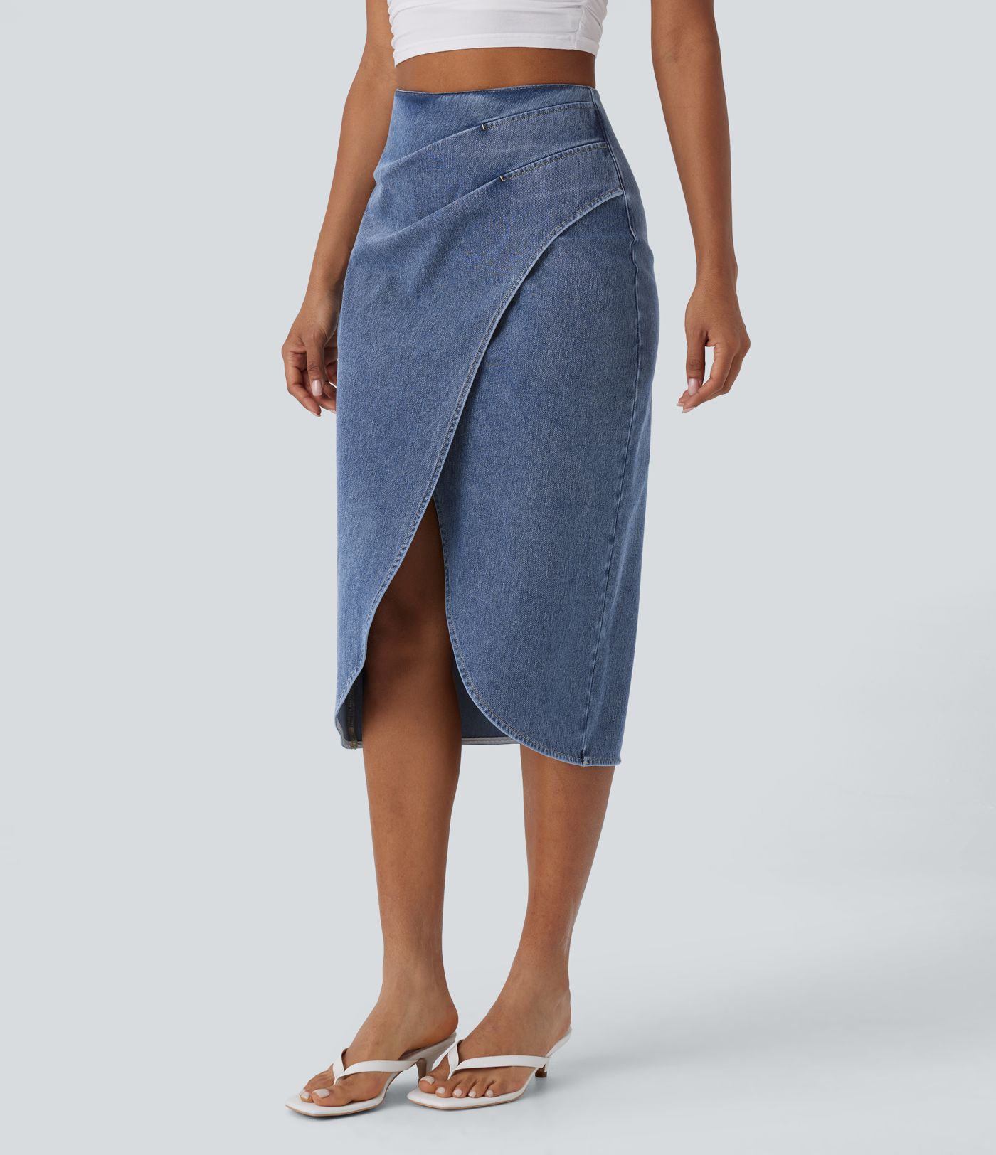 Halara Flex™ High Waisted Back Zipper Ruched Tulip Hem Midi Washed Denim Casual Skirt