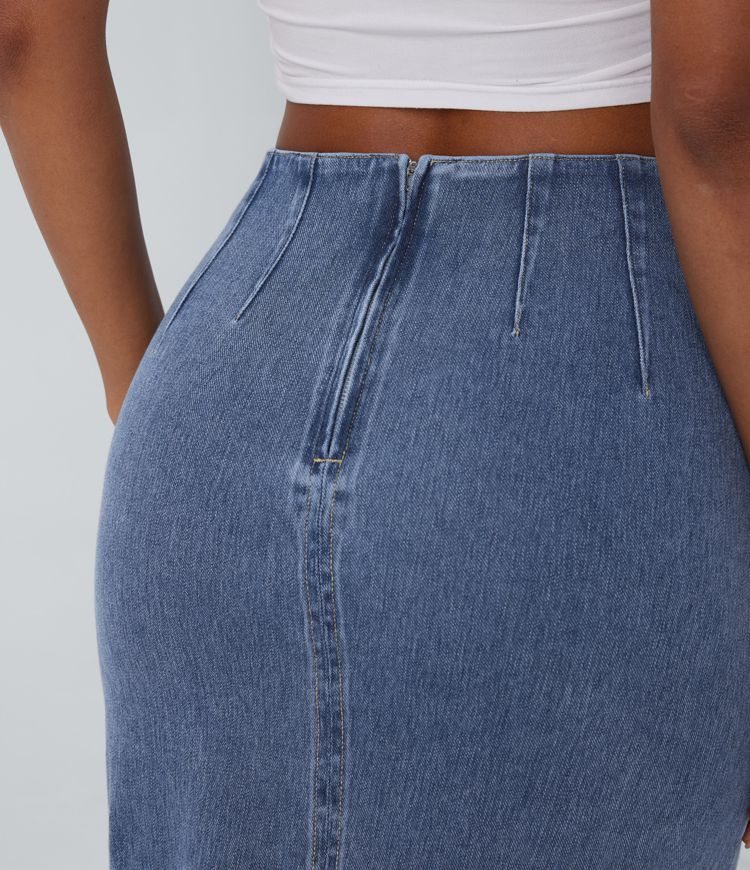 Halara Flex™ Jupe en Jean midi délavé taille haute avec zip dos, effet drapé et ourlet tulipe