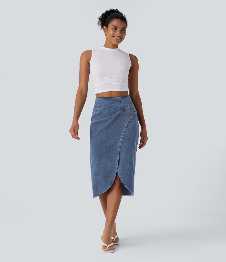 Halara Flex™ Jupe en Jean midi délavé taille haute avec zip dos, effet drapé et ourlet tulipe