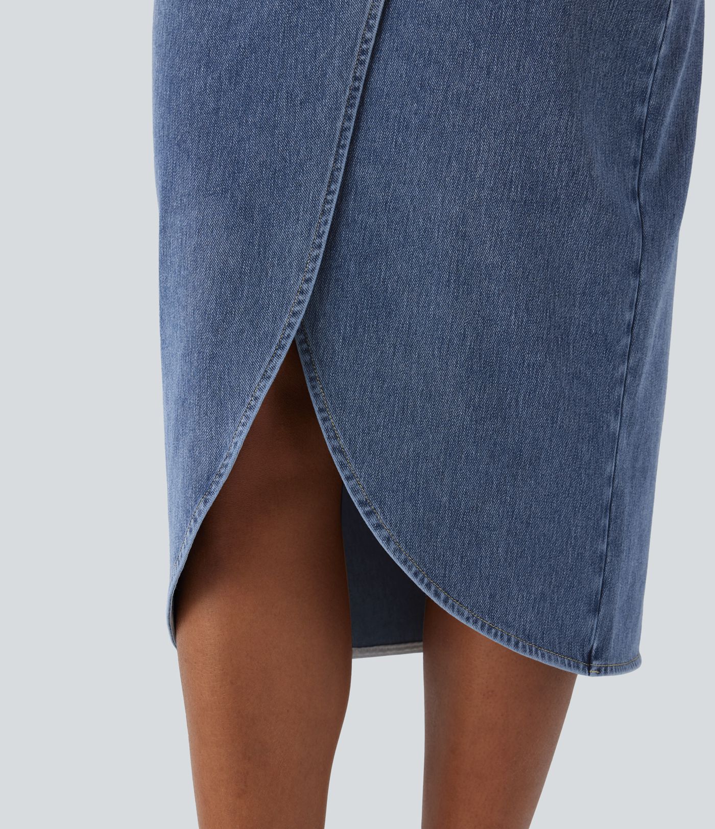Halara Flex™ High Waisted Back Zipper Ruched Tulip Hem Midi Washed Denim Casual Skirt