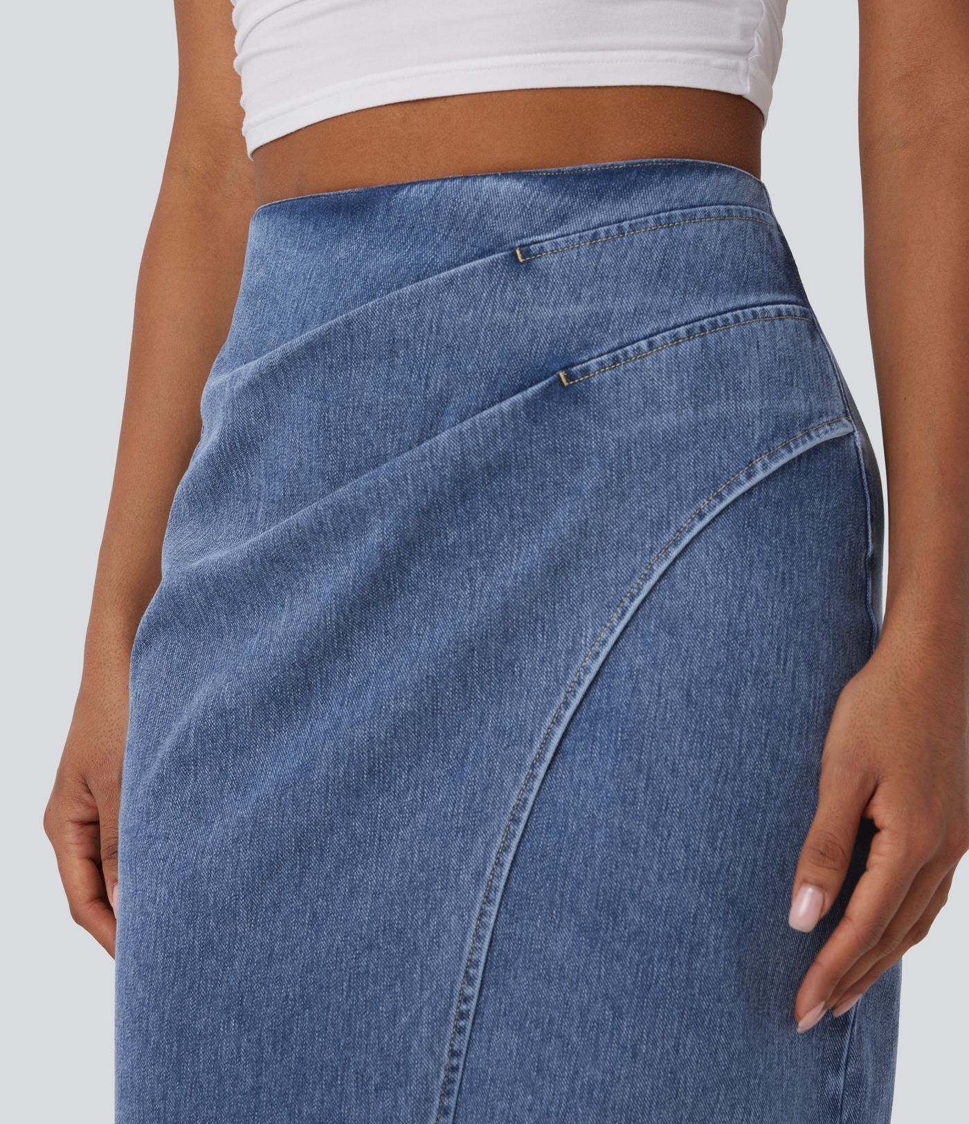 Halara Flex™ High Waisted Back Zipper Ruched Tulip Hem Midi Washed Denim Casual Skirt