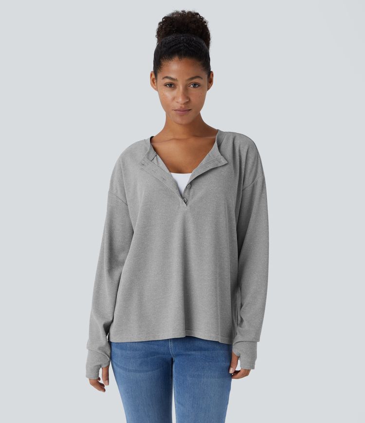 Button Front Thumb Hole Split Waffle Casual Sweatshirt