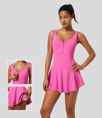 U Neck Half Zip Backless 2-in-1 Side Pocket Micro Mini Quick Dry Tennis Active Dress