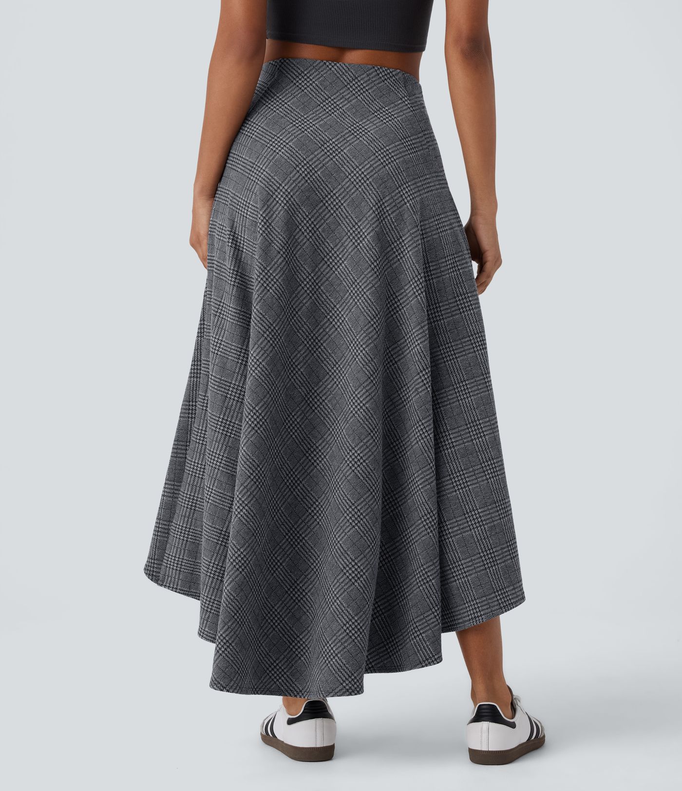 Falda maxi tiro alto bolsillo lateral corte alto bajo fluido cuadro pata gallo