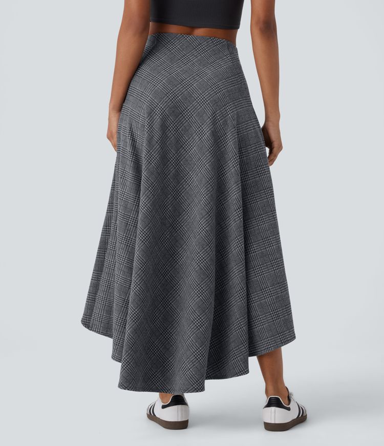 Falda maxi tiro alto bolsillo lateral corte alto bajo fluido cuadro pata gallo