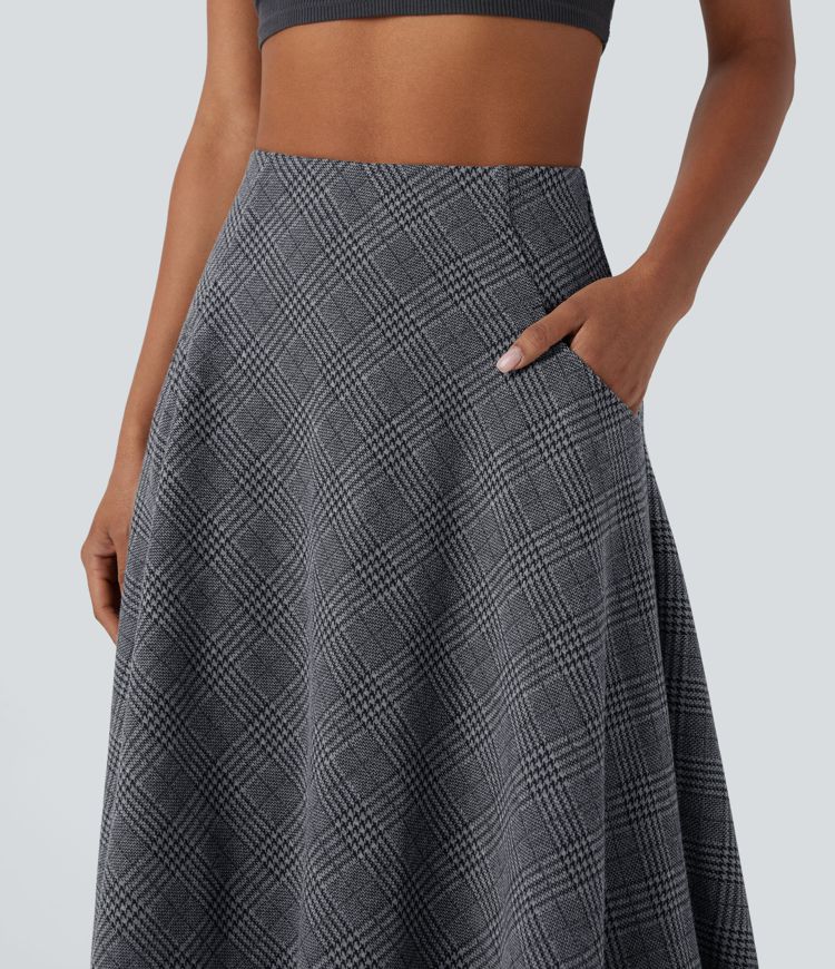 High Waisted Pocket High Low Flowy Houndstooth Plaid Maxi Casual Skirt