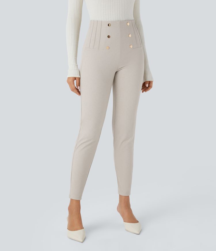 Arbeits-Leggings mit hohem Bund, Reißverschlusstaschen, dekorativer Knopfleiste, Bauchkontrolle und Fischgrätenmuster