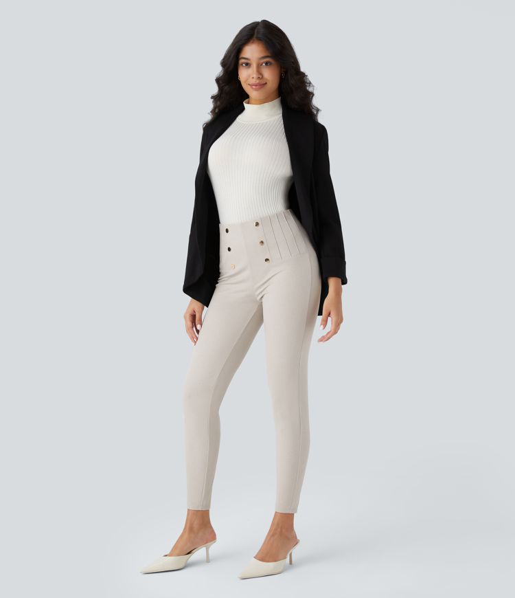 Arbeits-Leggings mit hohem Bund, Reißverschlusstaschen, dekorativer Knopfleiste, Bauchkontrolle und Fischgrätenmuster