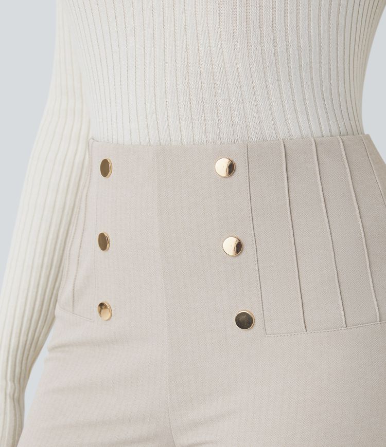 Arbeits-Leggings mit hohem Bund, Reißverschlusstaschen, dekorativer Knopfleiste, Bauchkontrolle und Fischgrätenmuster