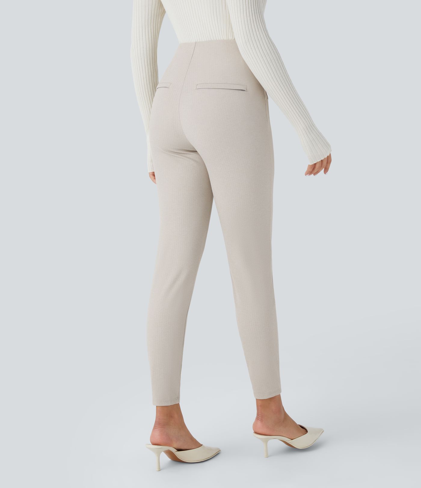 Arbeits-Leggings mit hohem Bund, Reißverschlusstaschen, dekorativer Knopfleiste, Bauchkontrolle und Fischgrätenmuster