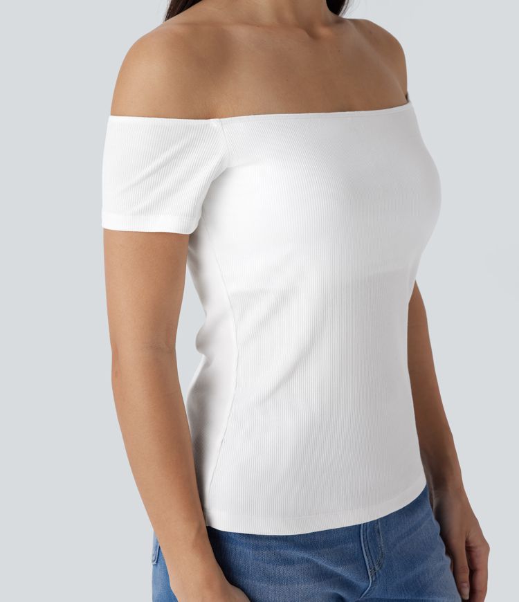 Haut décontracté 2-en-1 en maille côtelée à épaules dénudées, manches courtes et dos nu