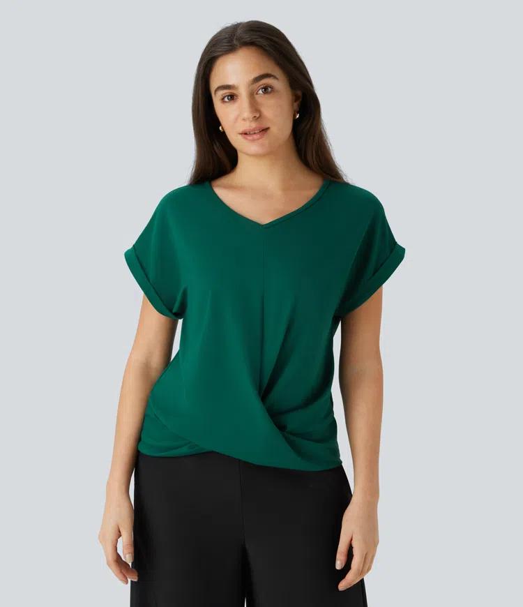 V-neck batwing sleeve twist hem casual blouse