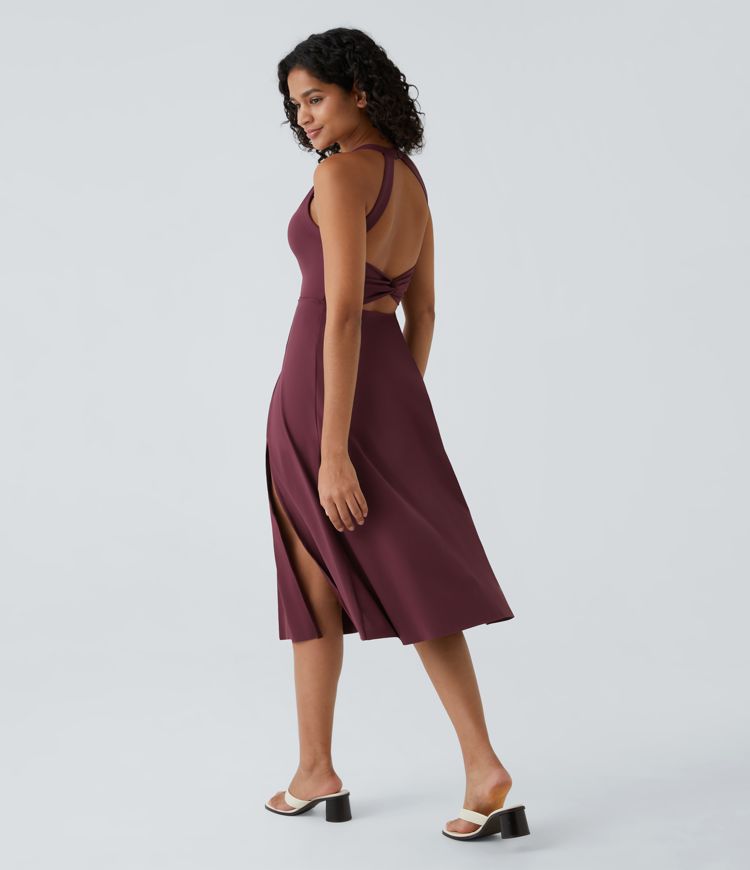 Backless Cut Out Twisted Side Pocket Split Midi Casual Dress