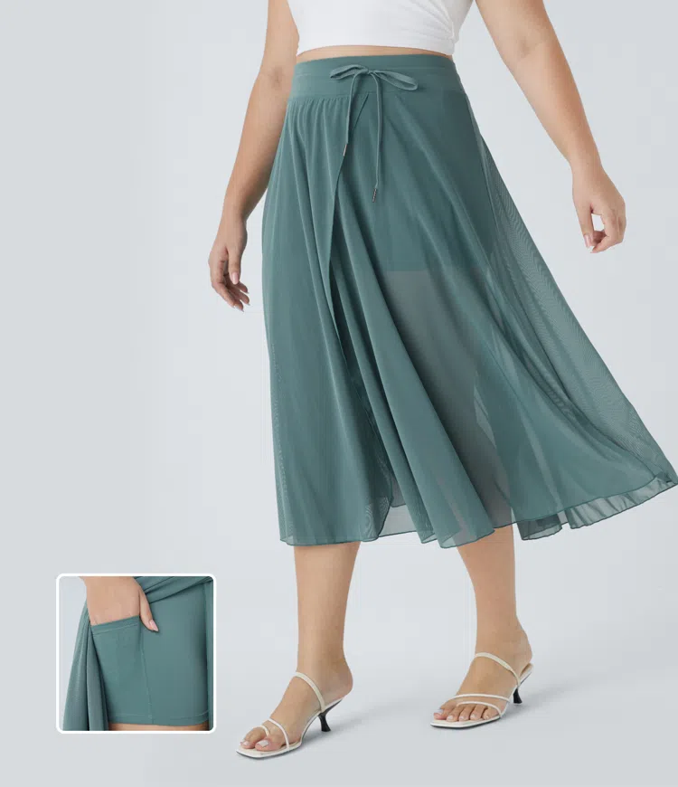 High Waisted Drawstring Contrast Mesh 2-in-1 Pocket Flowy Midi Flare Casual Plus Size Skirt