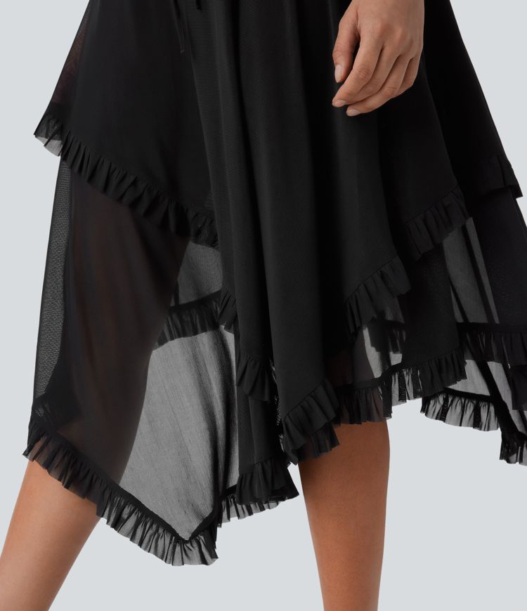 Mesh Mid Rise Drawstring Frill Asymmetric Hem 2-in-1 Flowy Skirt