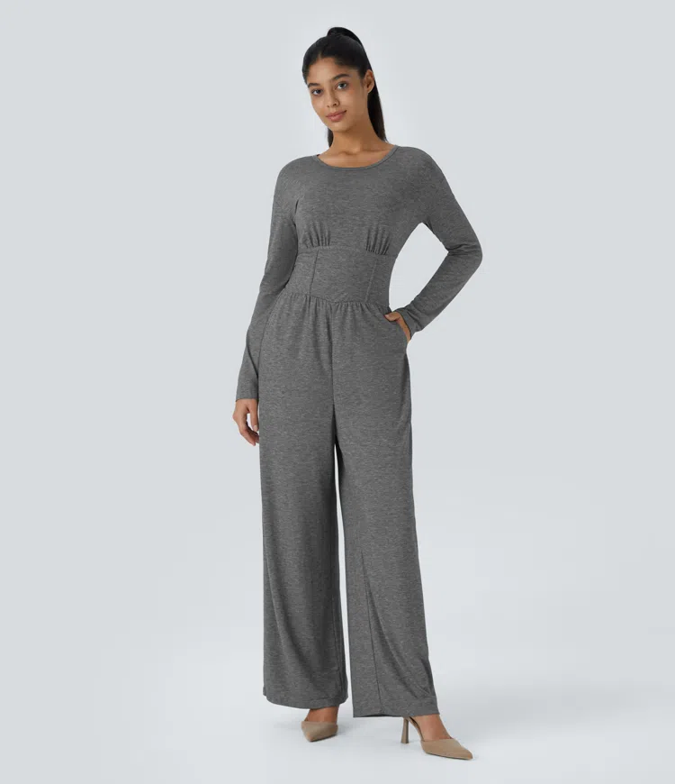 Boatneck keyhole back long sleeve corset side pocket casual jumpsuit