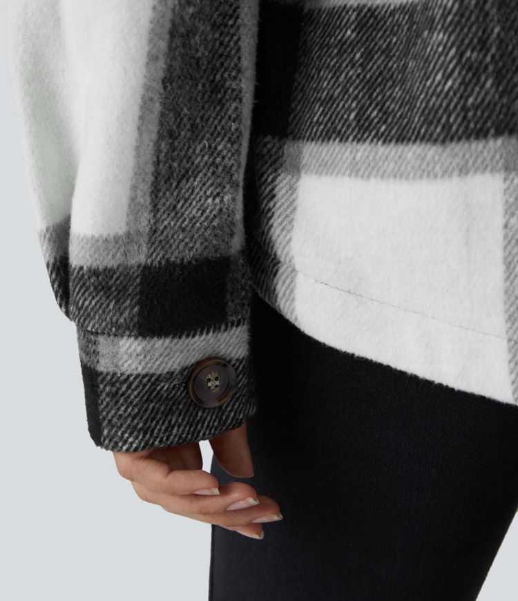 Chaqueta cuadro capucha extraíble cordón ajustable botón manga larga bolsillo lateral