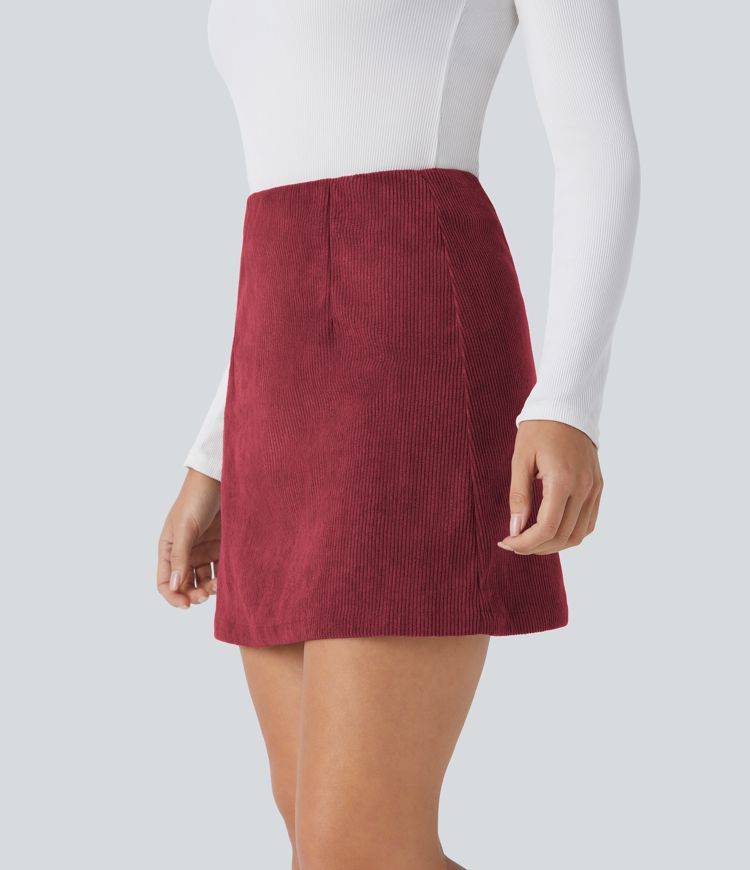 High Waisted Invisible Zipper 2-in-1 A Line Mini Corduroy Casual Skirt-Longer Length