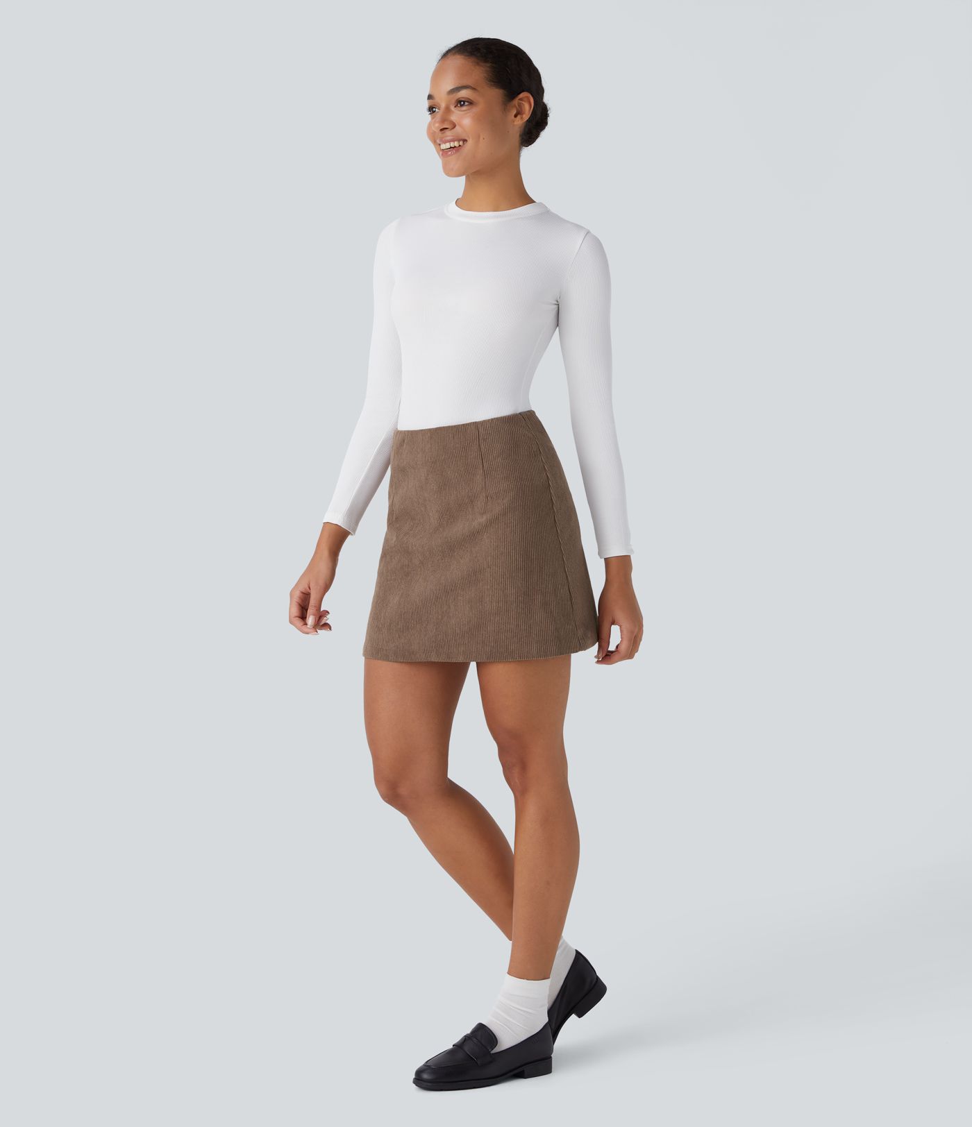 High Waisted 2-in-1 A Line Mini Corduroy Casual Skirt-Longer Length