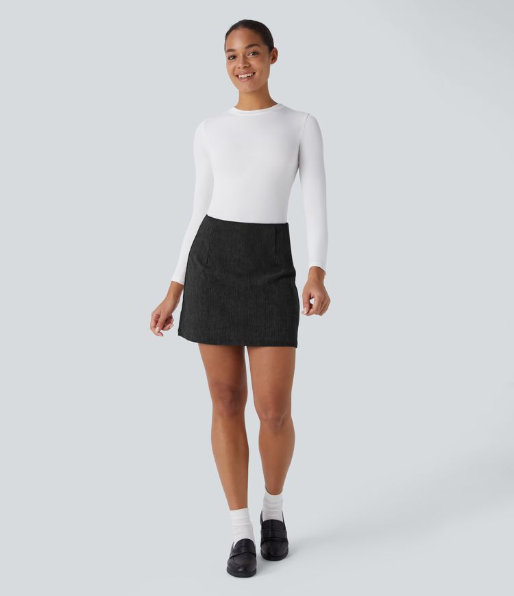 High Waisted Invisible Zipper 2-in-1 A Line Mini Corduroy Casual Skirt-Longer Length