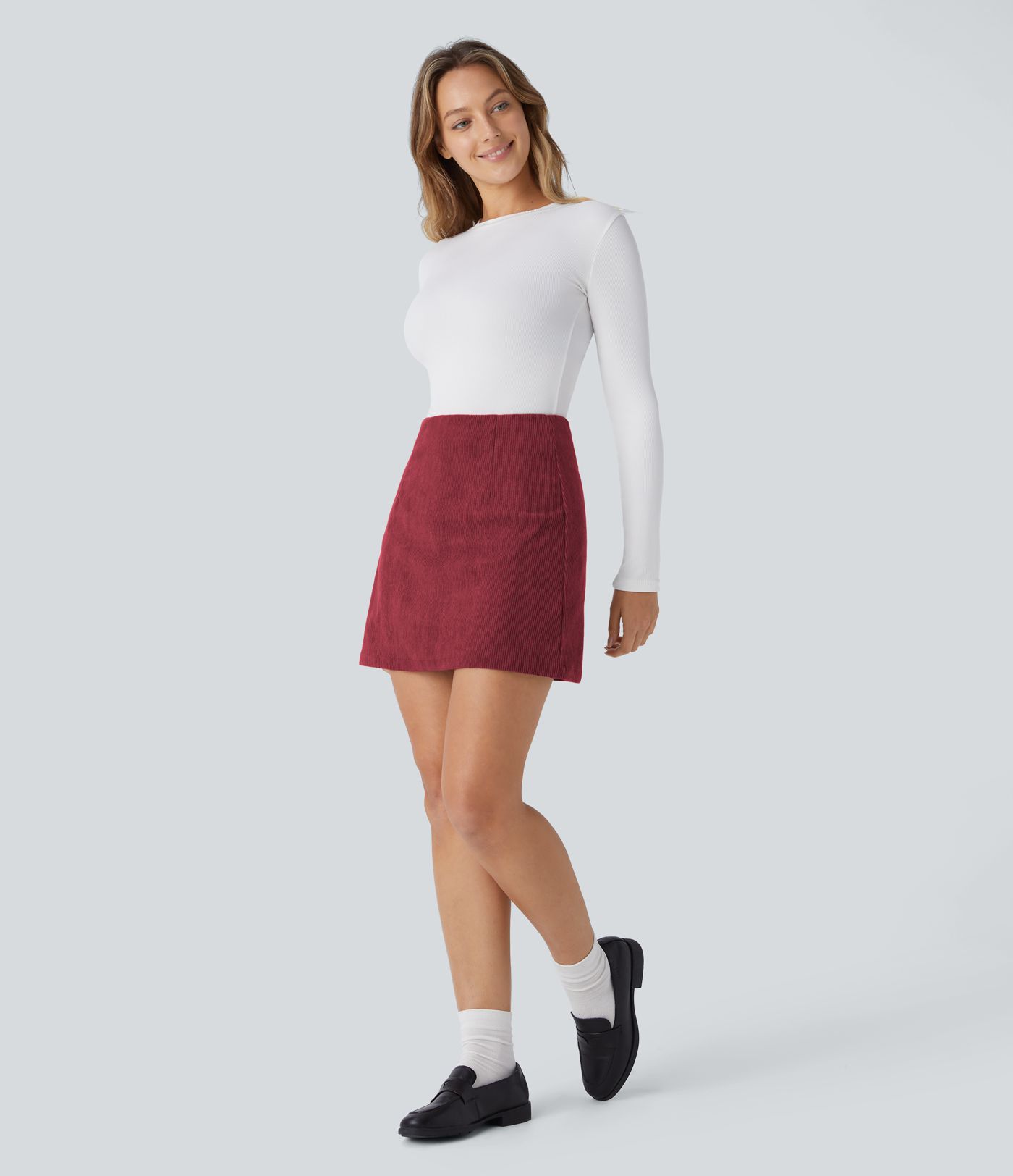 High Waisted Invisible Zipper 2-in-1 A Line Mini Corduroy Casual Skirt-Longer Length