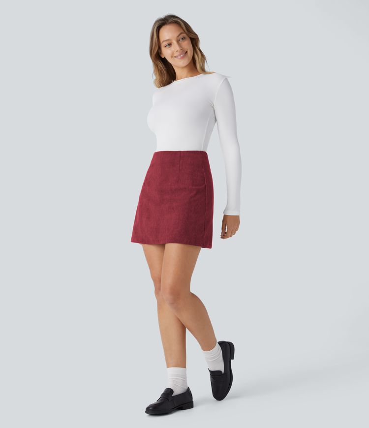 High Waisted Invisible Zipper 2-in-1 A Line Mini Corduroy Casual Skirt-Longer Length