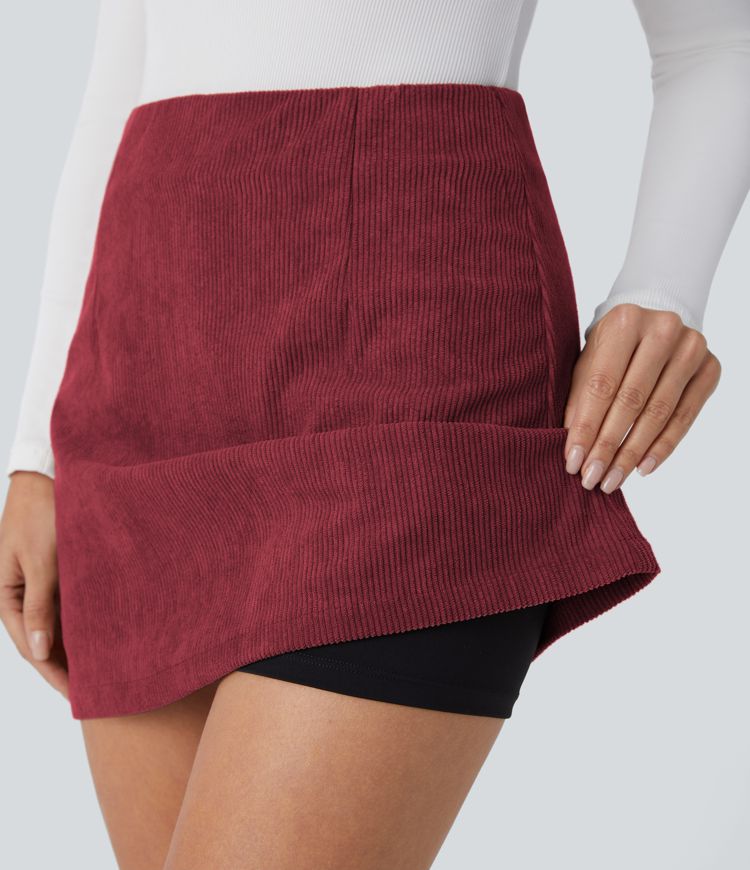 High Waisted Invisible Zipper 2-in-1 A Line Mini Corduroy Casual Skirt-Longer Length