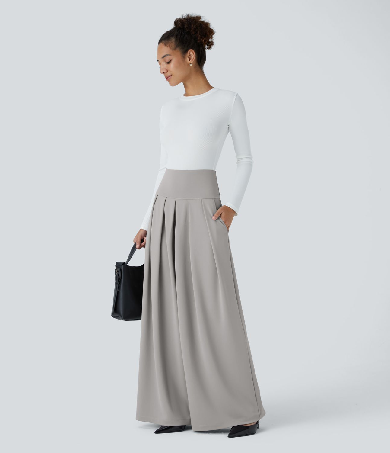 Super vysoké nohavice so záhybmi a vreckami, široké, z krepu, vhodné do kancelárie