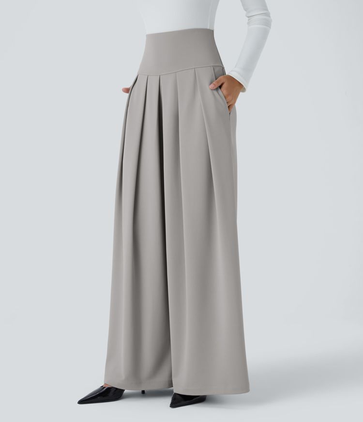 Pantalón oficina crepé pierna ancha plisado bolsillo lateral tiro súper alto