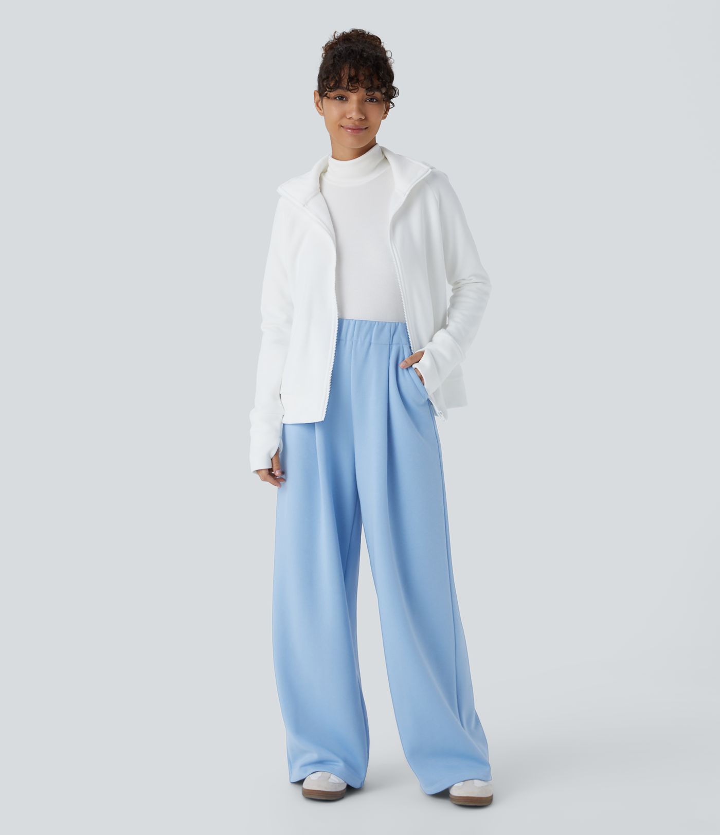 High Waisted Pocket Wide Leg Fleece Casual Pants