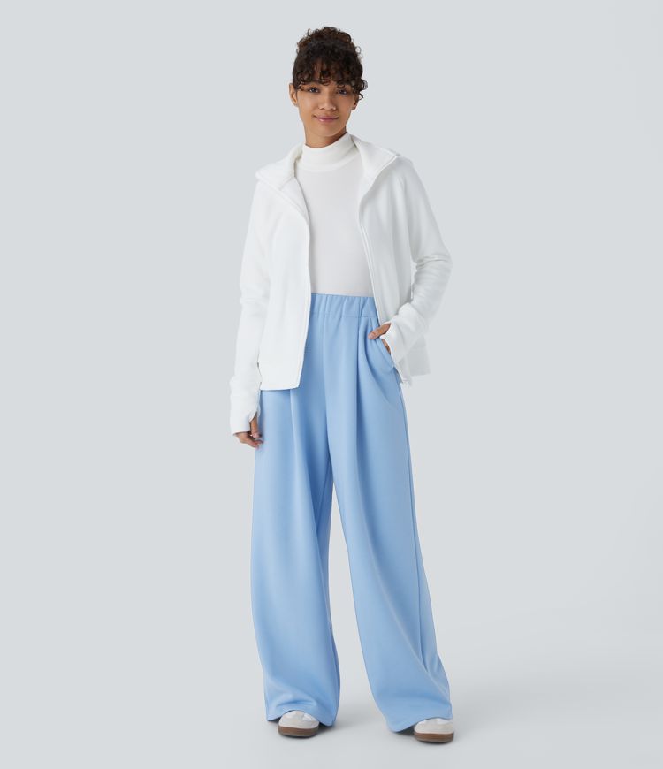 High Waisted Pocket Wide Leg Fleece Casual Pants
