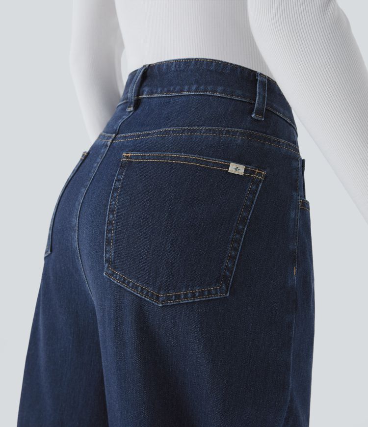 Halara Flex™ High Waisted Multiple Pockets Washed Stretchy Knit Casual Baggy Jeans