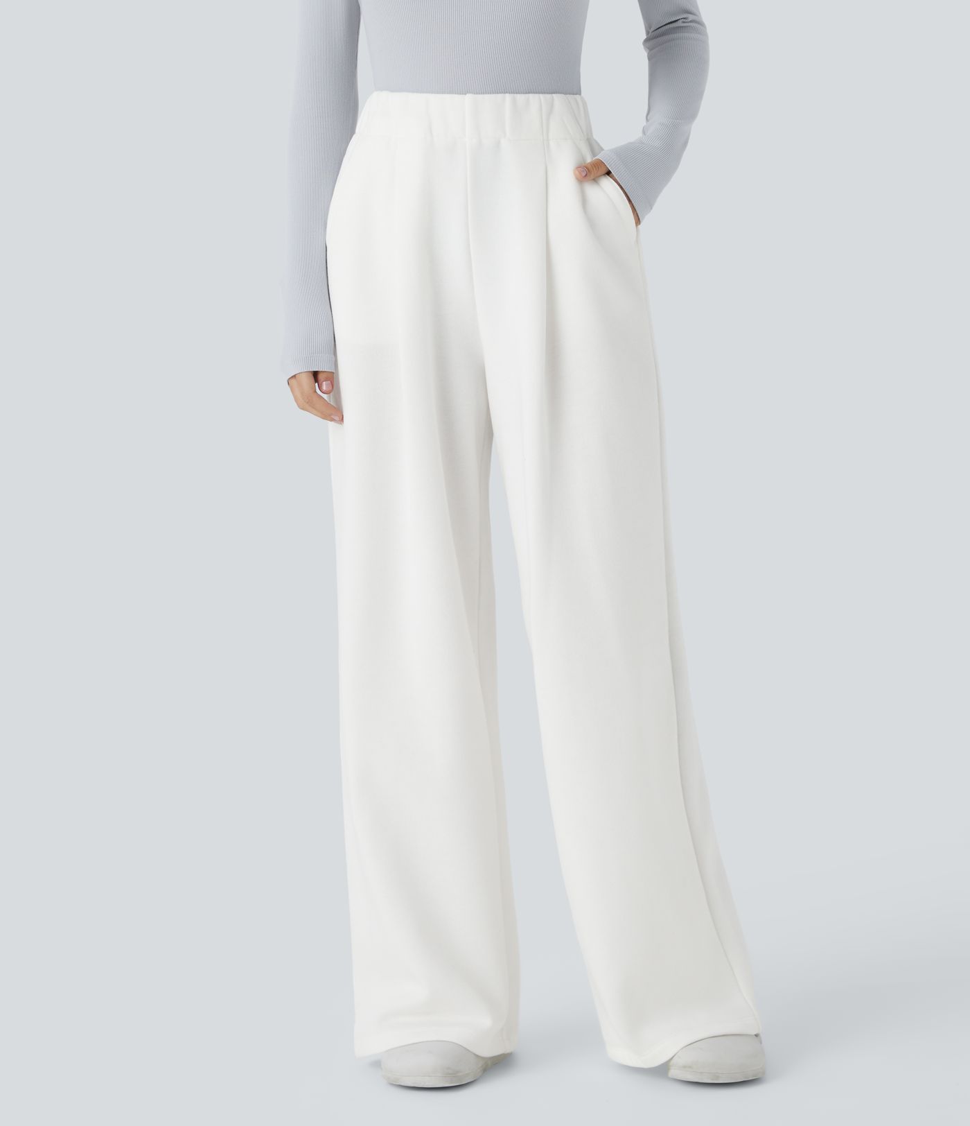 High Waisted Side Pocket Wide Leg Fleece Casual Pants