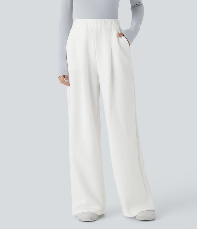 High Waisted Plicated Side Pocket Wide Leg Fleece Casual Cotton Pants