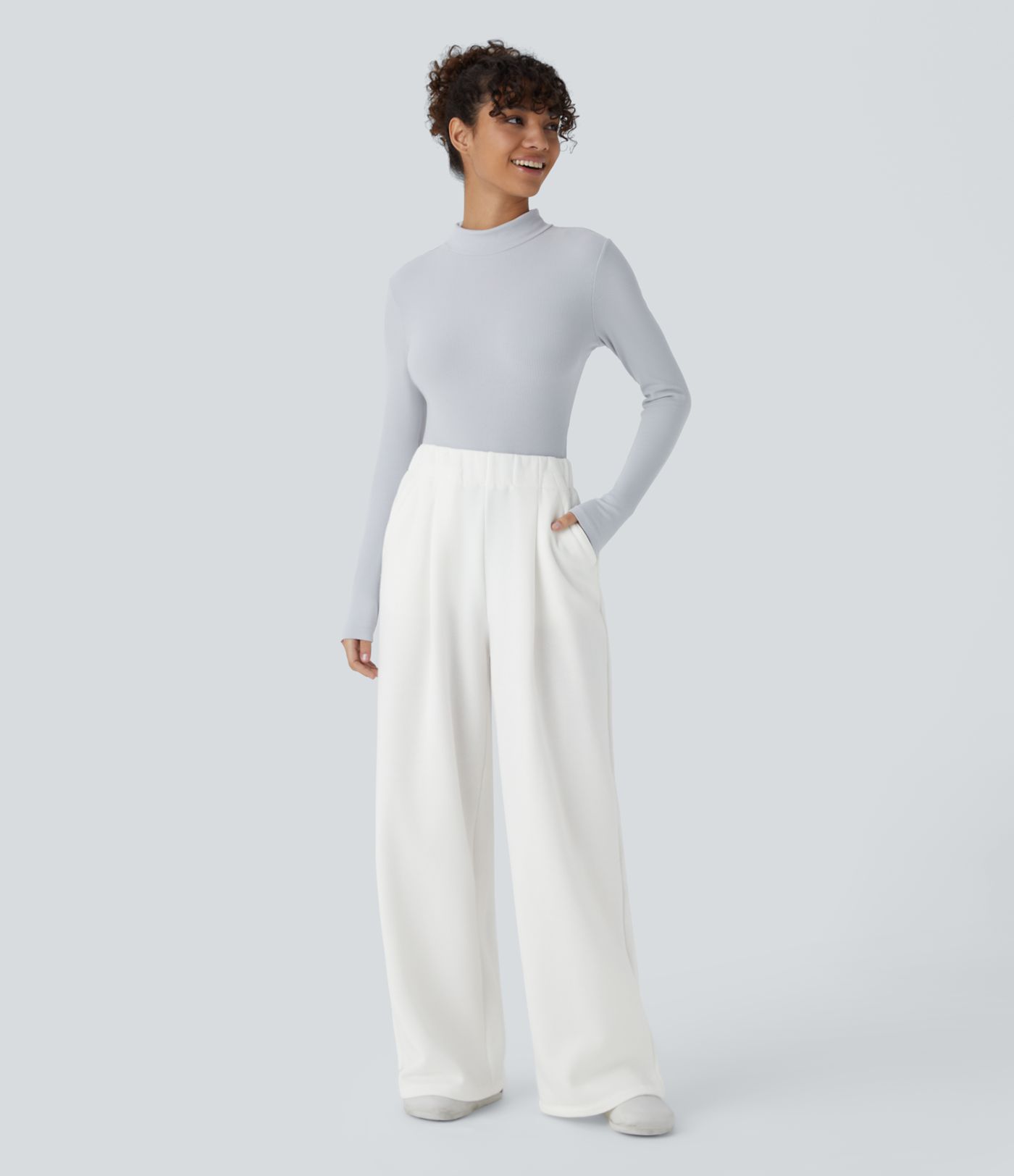 High Waisted Side Pocket Wide Leg Fleece Casual Pants