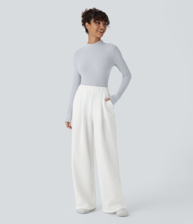 Pantalon Casual Thermique Taille Haut Jambes Larges Poche Latérale Plissée en Fleece 