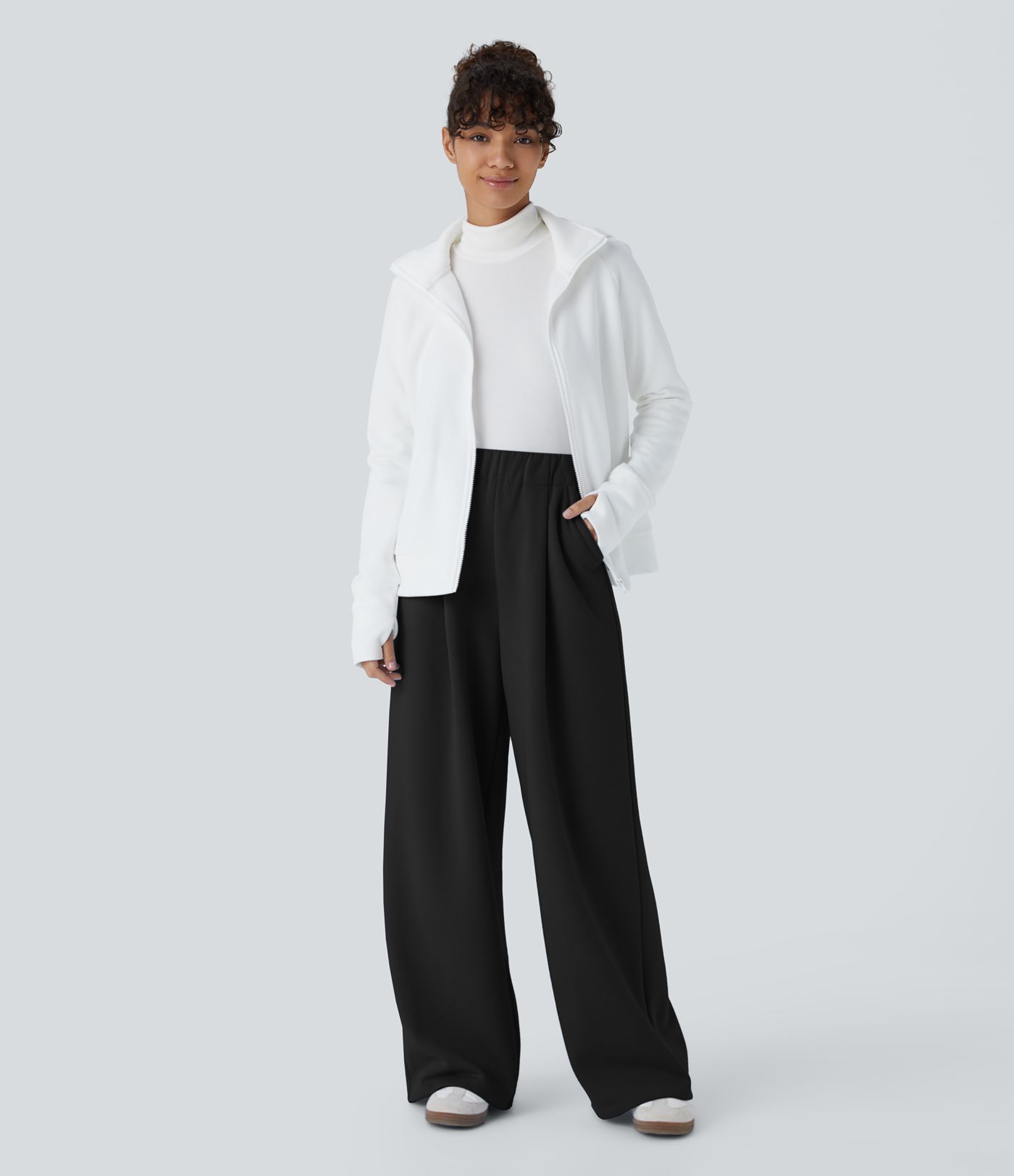 Pantalón polar tiro alto bolsillo lateral pierna ancha